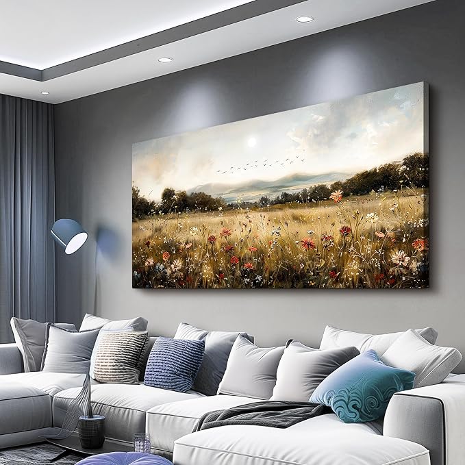 KELIYUAN Canvas Wall Art For Kitchen Dining Room Vintage Decor, Lawn Paintings With Flowers Wall Decor Prints Home Office Living Room Bedroom Decoration Home Decor, Can Be Hung Directly 20 "X 40"