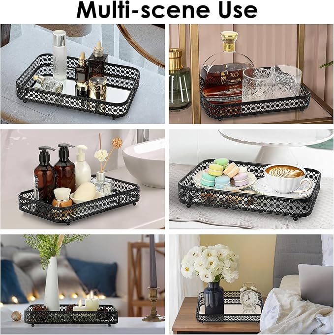 ELLDOO Black Mirror Glass Perfume & Makeup Vanity Tray, Medium Size