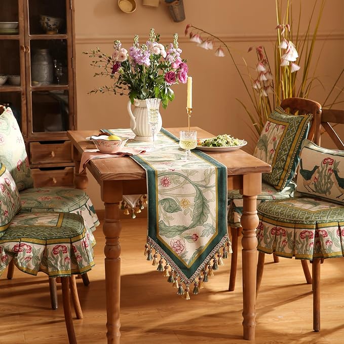 Patdrea Designer Vintage French Linen Table Runner,12"X87"-Cecilia A | Tablerunner 87 Inches Long,Green Floral Print,Decorative Runner for Dining Room Living Room Banquet,Tassel Edge