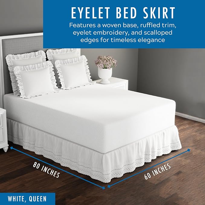 Fresh Ideas Eyelet Bed Skirt, Ruffled Design, 14 Inch Drop, Embroidered Scalloped Edge, Queen, White