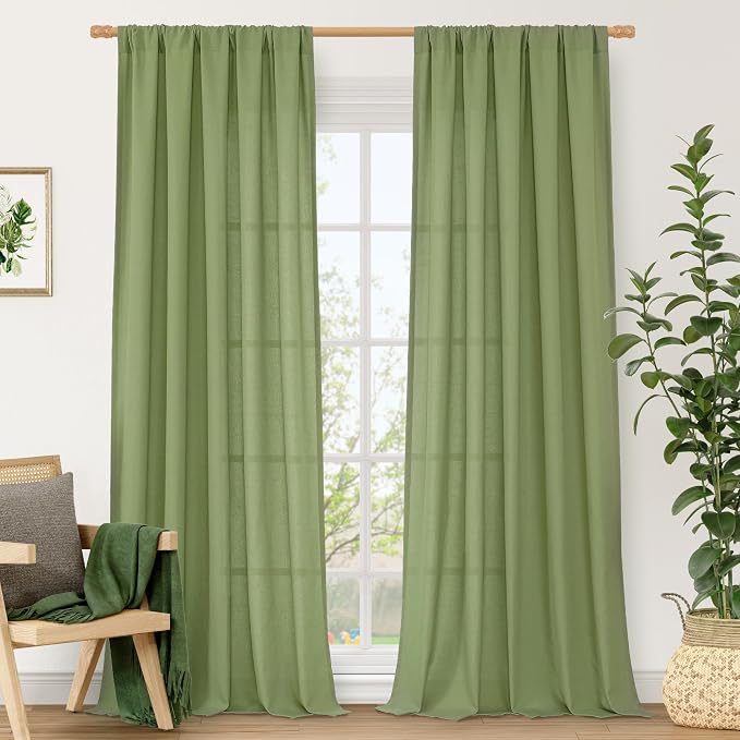 Light Filtering Linen Blended Curtains 84 inch for Living Room, Green | Semi Sheer Drapes, Privacy Protected, Boho Panels for Farmhouse, Sliding Glass Door, Rod Pocket, 2 Panels, 52 x 84 Inch