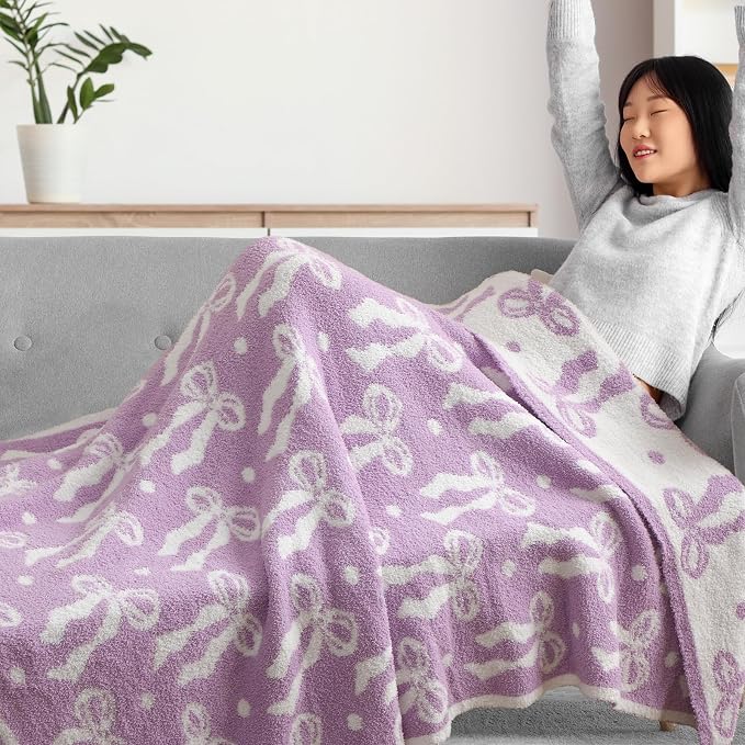 Buryeah Purple Bow Blanket Soft Microfiber Double Sided Bow Throw Blanket 50"x 60" Coquette Aesthetic Dormitory Room Decor Plush Sofa Chair Bedding Stuff for Women, Christmas Fall Thanksgiving Gifts