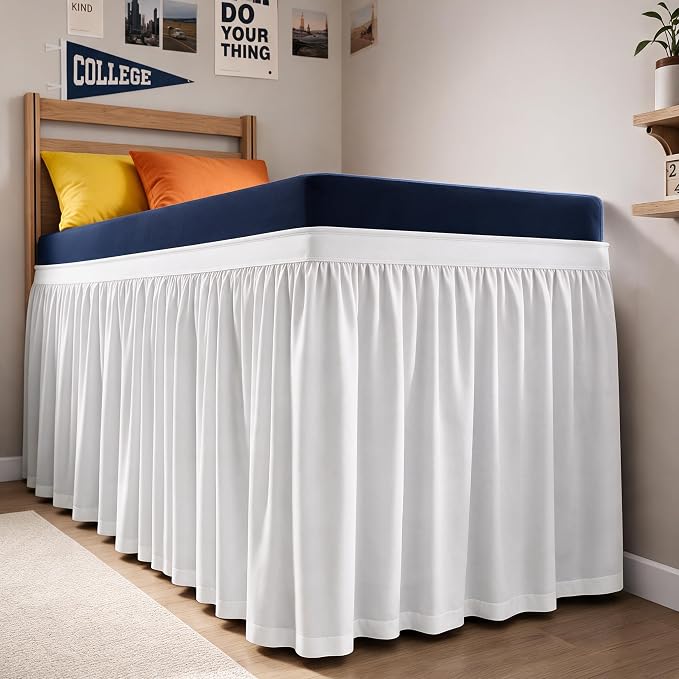 Dorm Room Bed Skirt Twin XL - College Dorm Room Essentials - White, 34 Inch | Extra Long Dust Ruffled College Bedskirt with Split Corners, Easy Fit Elastic Strap, Adjustable, Fade & Wrinkle Free