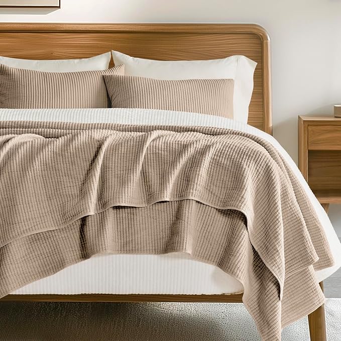 EVERGRACEHOME Cotton Ribbed Matelassé Coverlet Set, Queen Size, Urban Taupe | Soft Lightweight Bedspread, 3 Pieces, Breathable Cozy Oversized Quilted Bedding Set for All Seasons, with 2 Pillow Shams