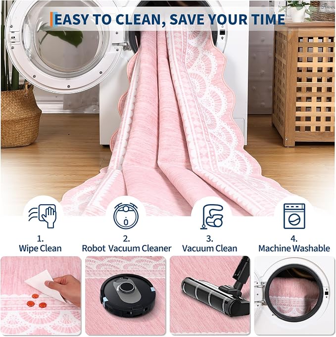 COZYLOOM 9x12 Lace Border Area Rug for Bedroom, Scalloped Large Living Room Rug with Non Slip Backing, Non Shedding Modern Solid Color Area Rugs Stain Resistant Low Pile Mats for Kids Room, Pink