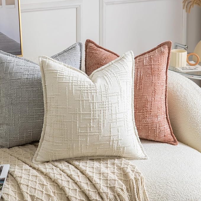 MADIZZ Pack of 2 Chenille Throw Pillow Covers 18x18 Inch Cream White Soft Neutral Decorative Throw Pillows for Couch Sofa Boho Accent Cushion Covers Modern Farmhouse Home Decor for Bedroom Living Room