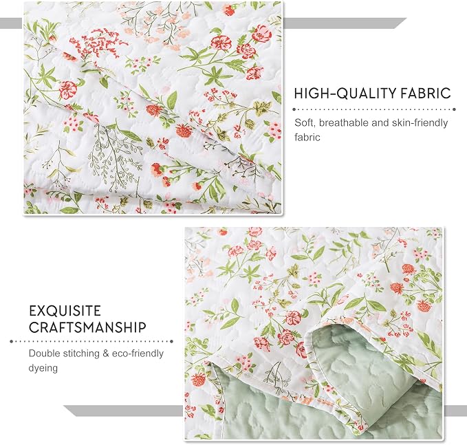 Travan 3-Piece Quilt Set Quilted Bedspread Lightweight Coverlet Set Garden Style Floral Printed Oversized Quilted Bedding Set with Shams for All Season, Flower Sea, King Size
