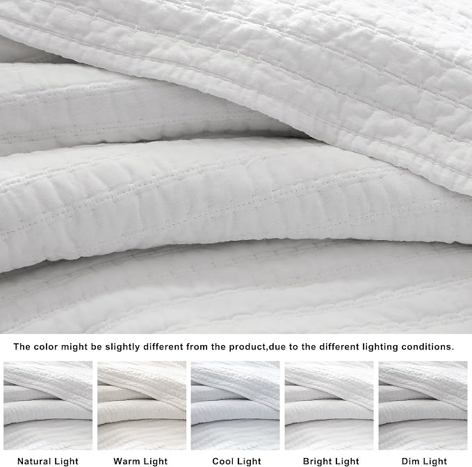 WDCOZY 100% Cotton Twin Size Quilt Set - White Striped Pick Stitch Soft Lightweight Bedspread, Textured Like Linen, Farmhouse Country Rustic Coverlet, Shabby Chic Gauze Bedding, 2 Pieces