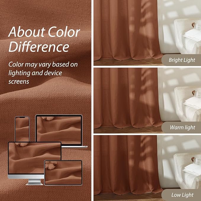 RYB HOME Linen Sheer Curtains 2 Panels for Living Room, Semi Transparent Privacy Drapes with Rod Pocket Farmhouse Style Window Treatments for Bedroom, Brunt Orange, 52" W x 90" L