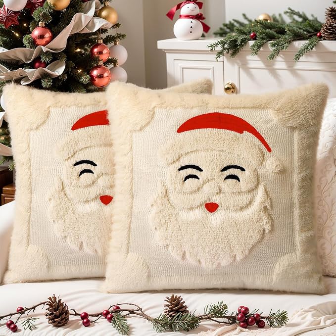 Christmas Pillow Covers Set of 2 Soft Plush Faux Fur Pillow Cases 3D Embroidered Decorative Couch Cover Home Decor Christmas Throw Pillow Covers 18x18,Beige Santa Clauss