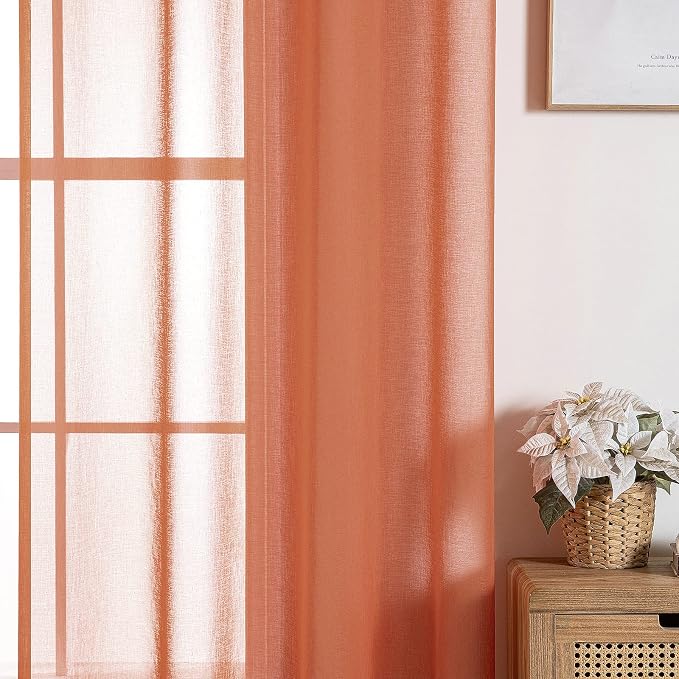 MIULEE Fall Burnt Orange Linen Textured Semi-Sheer Curtains 54W×72L | Semi Transparent, Farmhouse, Window Net Panels with Rod Pocket for Bedroom Living Room