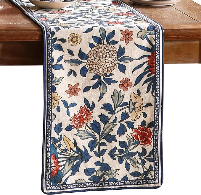 Patdrea Designer Vintage French Linen Table Runner,12"X87"-Ivar A | Elegant Tablerunner 87 Inches Long,Blue and White Floral Pattern,Decor Runner for Dining Room Living Room Banquet