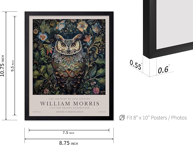 Poster Master Owl Print - William Morris Poster - Flower & Animal Illustration - Botanical Exhibition Wall Design - Floral Bird Artwork - Aesthetic Office or Bedroom Decor - 8x10 Black Framed