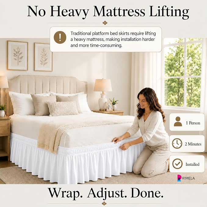White Bed Skirt Queen Size 25 Inch Drop, Elastic Wrap Around Bedskirt | Solid Ruffled, Easy to Use, No Mattress Lifting, Wrinkle & Fade Resistant, with Adhesive Strips, Machine Wash/Dry/Iron
