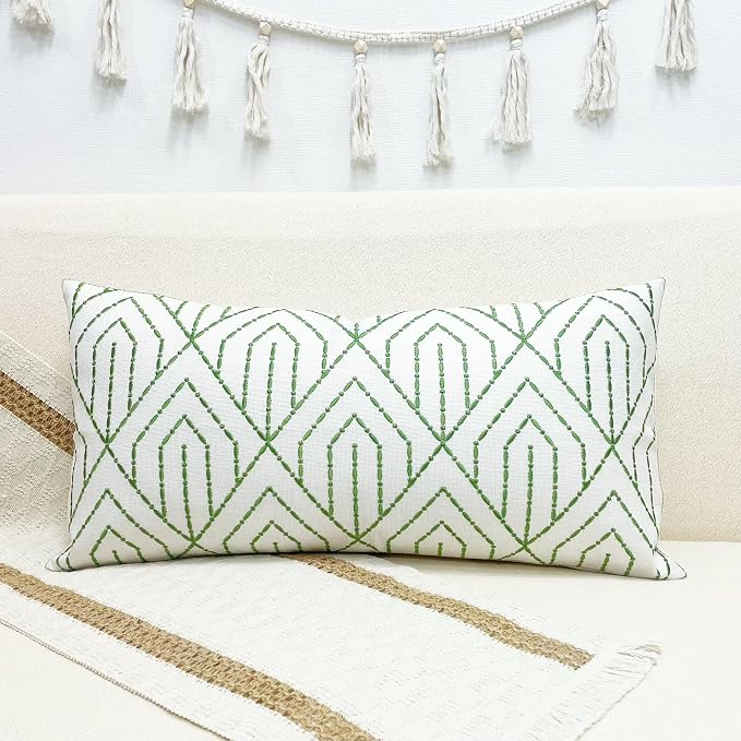 Slow Cow Linen Embroidery Decorative Lumbar Throw Pillow Cover Rectangular Pillowcase Cushion Cover for Bed Couch Sofa 12 x 24 Inches Green
