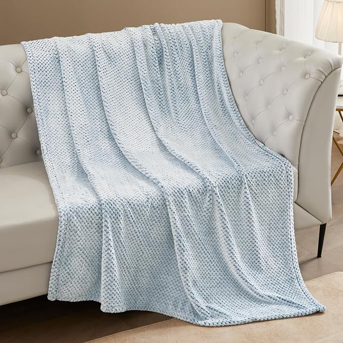 Exclusivo Mezcla Soft Waffle Fleece Bed Blanket Queen Size, Heather Blue | Lightweight Plush Blanket for Bed, Bedroom, Cozy Flannel with Waffle Texture, Stylish Home Decor, All Season, 90x90 Inches