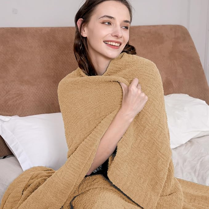 Camel Ultra Soft Knit Throw Blanket for Couch,50"X60" Microfiber Fluffy Cozy Warm Knitted Blankets with Checked Pattern for Sofa Bed