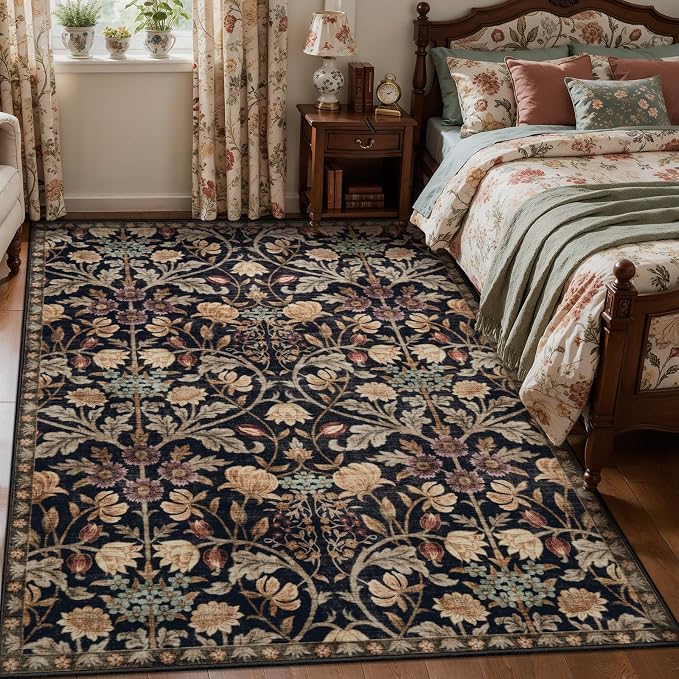 Ciicool 4x6 Washable Area Rug Floral Living Room Rugs for Bedroom Bedside | Soft Low Pile Carpet for Hallway Entryway Playroom Laundry Office Home Boho Non-Slip Black Carpets