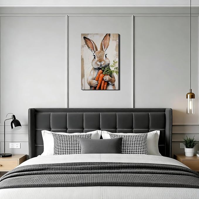 RIBNTAK Large Easter Bunny Carrot Canvas Wall Art 20x30, Framed Cute Rabbit Prints Picture for Living Room, Rustic Farmhouse Spring Wall Decor, Kids Room Holiday Easter Decoration