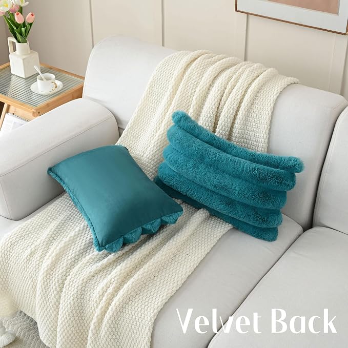 HAUSSY 2 Pack Lumbar Pillow Covers 12x20 Inch, Faux Fur Decorative Couch Throw Pillows Soft Striped Plush Cushion Covers Home Decor Cute Furry Pillowcase for Living Room Sofa Bed, Teal (Covers Only)