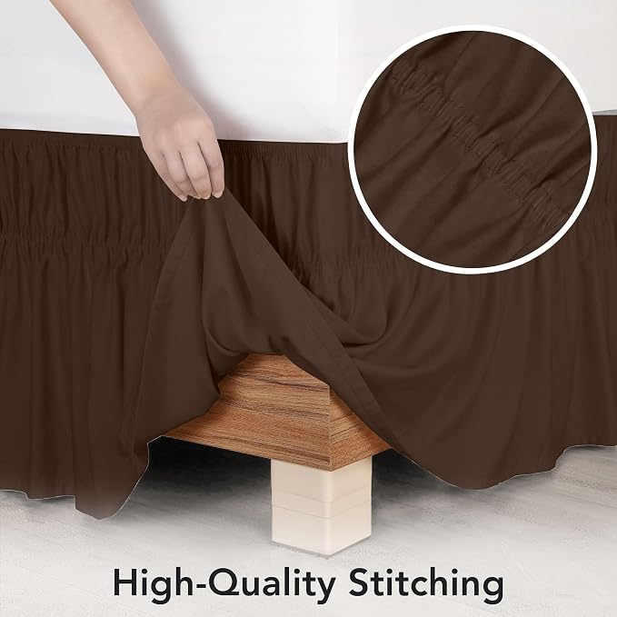 Wrap Around Queen Bed Skirt, Easy Fit Elastic Belt, 16 Inch Drop, Brown | No Mattress Lifting, Stay-Put Design, Adjustable Buckle & Elastic Belt, Wrinkle & Fade Resistant, Brushed Microfiber