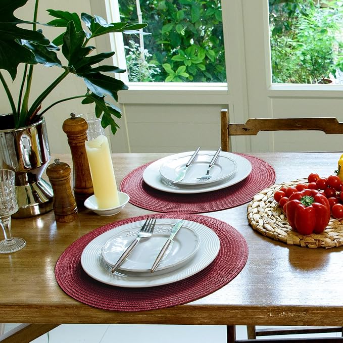 FunWheat Round Braided Placemats Set of 4 Table Mats for Dining Tables Woven Washable Non-Slip Place mats 15 inch(Wine,4pcs)