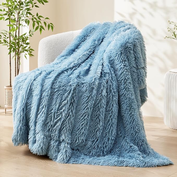 GONAAP Fuzzy Faux Fur Throw Blanket for Couch, Light Blue, 50"x60" | Warm Cozy Plush Shaggy Decorative Reversible Thick Non-Heated Fleece Blanket for Sofa Bed, Gift for Women Men, All Season Use