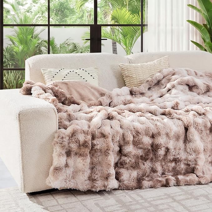 Lotus Karen Faux Fur Throw Blanket Tie-Dye Beige - Big Bubble Rabbit Fluff Blanket for Couch, Large Fluffy Fuzzy Cozy Blankets,Thick Furry Plush Shaggy Blankets,108x90 Inches