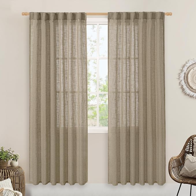 Taupe Sheer Linen Curtains 80 inch Light Filtering Semi Sheer Panels | Linen Textured, Farmhouse Curtains for Bedroom, Living Room, Window Treatment, Rod Pocket Back Tab, 52 x 80 Inch, 2 Panels