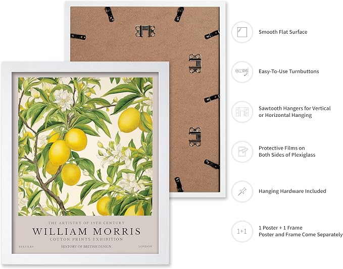 Poster Master William Morris Poster - Lemon Tree Print - Botanical Art - Fruit Art - Exhibition Piece - Lemon Illustration - Floral Design - Aesthetic Print - Colorful Kitchen Wall Decor - 16x20 White Framed