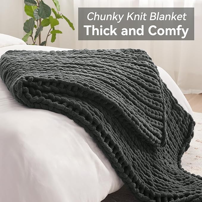 Negwoo Chunky Knit Throw Blanket, Knitted Throw Chenille Yarn, 60"*80" | Soft Thick Cable Knitted Blankets, Handmade Big Thick Blanket, Machine Washable Cute Comfy Blanket for Home Decor, Dark grey
