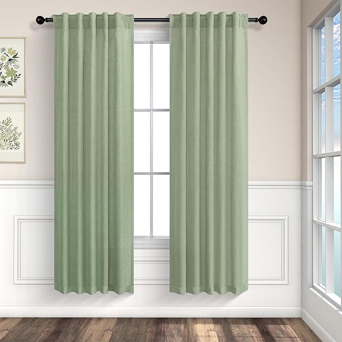 Pitalk Light Sage Curtains 38 Inch Wide for Windows 2 Panels Back Tab Pocket Semi Sheer Linen Light Filter Lightweight Avocado Green Curtains for Bedroom Living Room Closet Doors Width 38 x 63 Length