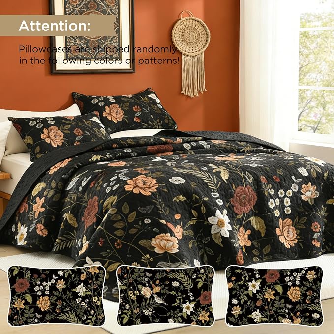 Litanika Floral Black Quilt Queen - 3Pcs Summer Boho Bedding Set | Bedspread Botanical Bird Lightweight Soft Coverlet with Red Flower for All Seasons (96"x90")