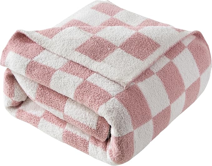Elegant Comfort Premium Checkered Reversible Throw Blanket - Ultra Soft and Lightweight, Luxury Knitted Breathable Fleece for Couch, Bed, Sofa - Warm Velvet Fluffy Throw, 50 x 70 Inch, Light Pink