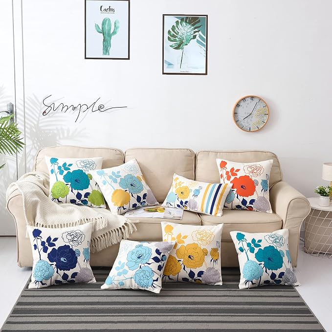 Turquoise Yellow Floral Pillow Covers 16x16 Set of 2 Cotton Linen | Durable Thick Cotton Linen Material, Soft Breathable Floral Decor, Suitable For Spring Summer Couch Bed & Outdoor Patio Porch
