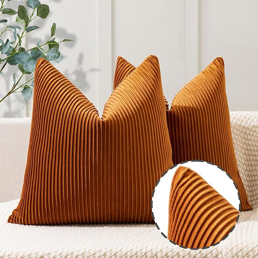 YCOLL Burnt Orange Pillow Covers 22x22 Set of 2 Velvet Striped Pattern - Soft Throw Pillows for Home Decor, Luxury Decorative Pillow Covers for Couch, Bed,Living Room
