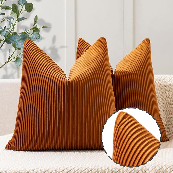 YCOLL Burnt Orange Pillow Covers 24x24 Set of 2 Velvet Striped Pattern - Soft Throw Pillows for Home Decor, Luxury Decorative Pillow Covers for Couch, Bed,Living Room