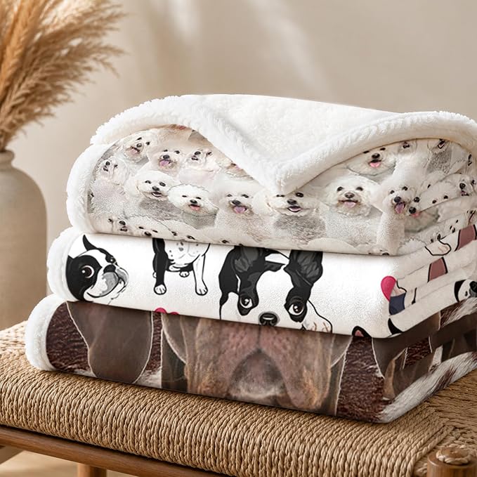 BlessLiving Throw Blanket, White Dog Animal Gift, 60x80 in | sherpa fleece fabric, Bichon Frise Dense Pet Blankets Puppy print, for couch or sofa, pet lovers, easy machine care