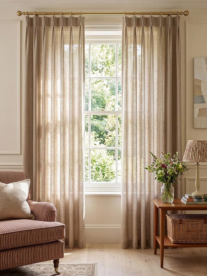 Liz Pinch Pleated Linen Curtains Light Filtering Curtains for Living Room, Farmhouse Window Curtains for Bedroom, Modern Drapes with Hooks and Rings, 108 Inches Long, Taupe Grey, 2 Panels Set