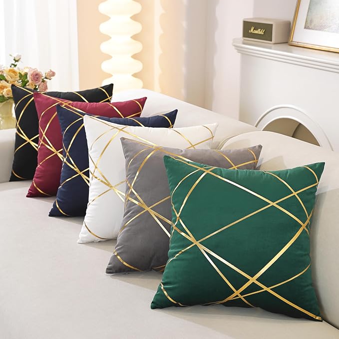 Gyulin Pack of 2 Velvet Throw Pillow Covers 18x18 Inch - Wine Red Gold Foil Geometric Cushion Cases, Modern Luxury Sofa Bedroom Living Room Home Decor