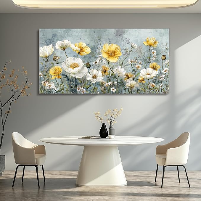 QIYILEXWART Large Wall Decor For Living Room Canvas Wall Art For Office Modern Wall Decorations For Bedroom Yellow White Flowers Landscape Painting Farmhouse Pictures Artwork Room Home Decor 24x48 In
