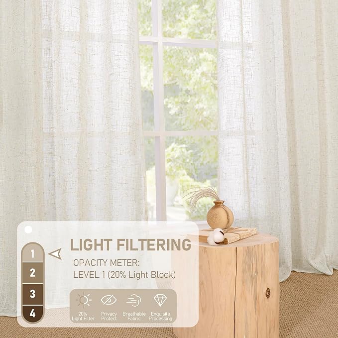 30 Inch Length Cafe Linen Curtains for Small Window, Cream Ivory | Semi Sheer, Light Filtering, Short Curtains, Neutral Drapes for Bathroom, Basement, Bronze Grommet, 2 Panels, 34 x 30 Inch