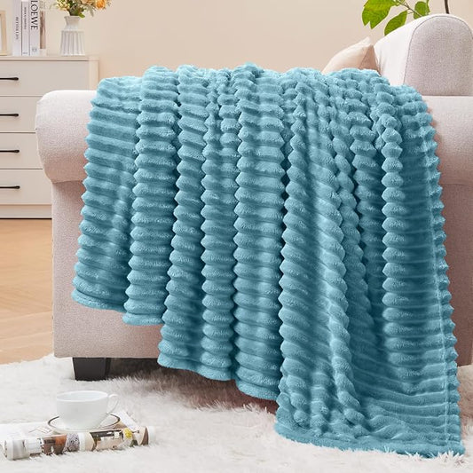 BEDELITE 3D Ribbed Washed Blue Fleece Twin Blanket for Bed, 60x80 Inch | Soft Warm Decorative Fluffy Blanket, Cozy Plush Lightweight Fuzzy Throw Blanket for Couch Sofa Room Decor, Gift for Women