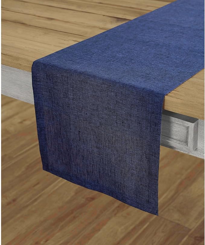 Solino Home 100% Pure Linen Dining Table Runner Navy, Athena 14 x 90 in | Table Runners for dining, hallway and console tables, softly textured artisan woven finish, Chambray Navy, OEKO-TEX Certified