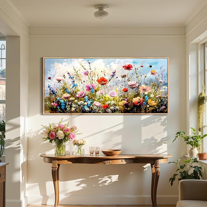 SERIMINO Framed Floral Wall Art, Modern Wildflower Canvas Pictures 32"x71" | Extra Large Colorful Wall Decor, Modern Wildflower Painting, Office Hotel Hallway Decor, Ready To Hang, Sturdy Frame
