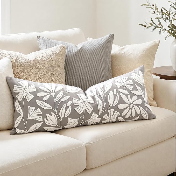 BlissBlush Long Lumbar Pillow Cover 14x36 for Bed, Light Gray Floral Tufted Velvet Accent Oversize Throw Pillowcase for Bedroom, Cover Only