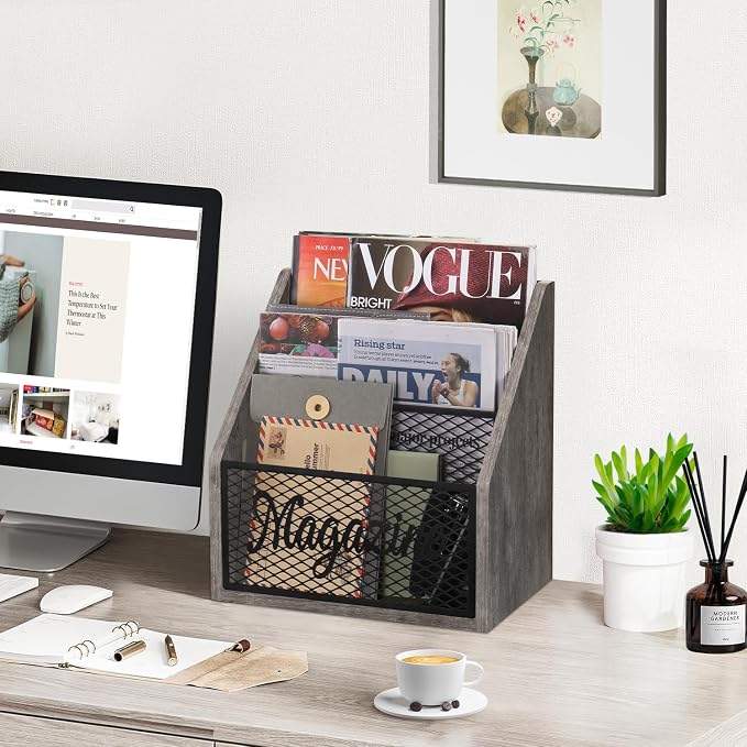 YINMIT 3 Tier Magazine Rack, Stepped Magazine Holder Floor for Home Storage | 3 Tier Stepped Design, Wood and Metal Construction, Easy Magazine Display, Book Organizer Basket for Living Room, Office