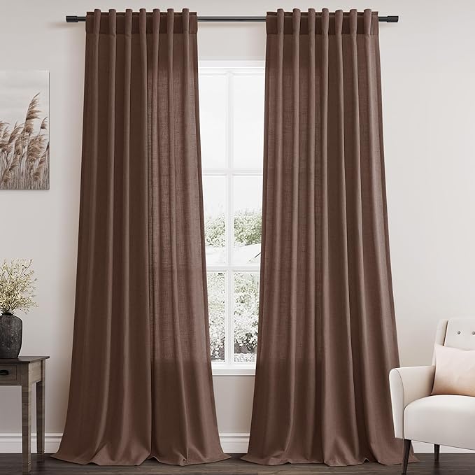 Mocha Mousse Curtains 90 Inch Length 2 Panel Set Back Tab Rod Pocket Linen Boho Semi Sheer Light Filtering Neutral Farmhouse Decor for Living Room and Bedroom 52x90