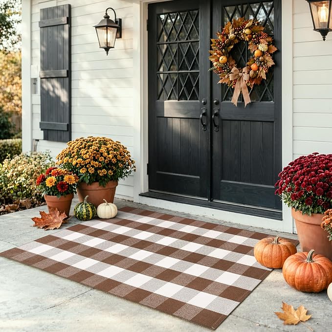 LEEVAN Fall Buffalo Plaid Outdoor Rugs 3x5, Brown and White Porch Rug | Washable Woven Welcome Layered Modern Farmhouse Checkered Entryway Door Mat for Kitchen Bathroom Fall Front Door
