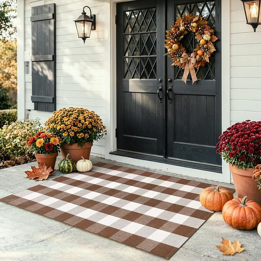 LEEVAN Fall Buffalo Plaid Outdoor Rugs 3x5, Brown and White Porch Rug | Washable Woven Welcome Layered Modern Farmhouse Checkered Entryway Door Mat for Kitchen Bathroom Fall Front Door